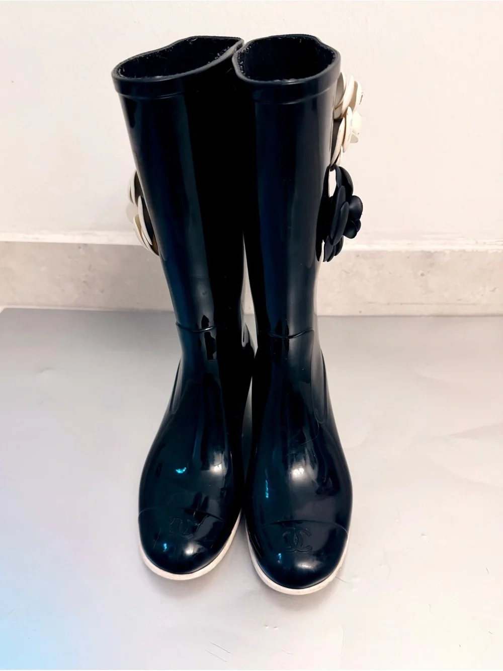 CHANEL Black Rain Boots with Black and White Camellia Details